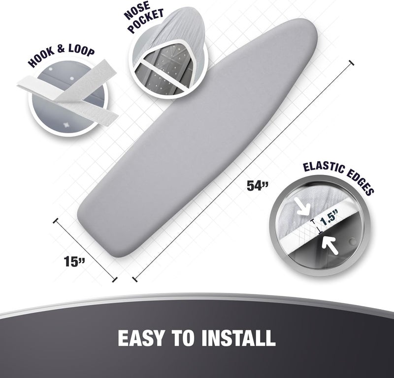COTTY HOME Store أغطية طاولة الكي السميكة مع وسادة بحجم قياسي 15x54، عاكسة للحرارة ومقاومة للاحتراق، تناسب محكمة مع جيب أنف غير قابل للانزلاق وأشرطة تثبيت مرنة، رمادي - Image 5